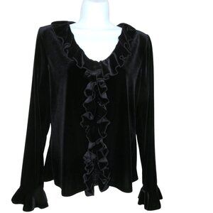 Vintage J.B.S. Ltd. Black Velvet Ruffle Front Long Sleeve Blouse Top Size L